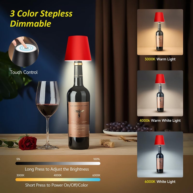 Hoide Store 2025 New Wireless Bottle Lamp - LED Bottle Lights for Liquor & Wine Bottles, Cordless Lampshade, Whiskey Bottle Top Light, Bottle Stopper Night Light Kit, Rechargeable 3-Tone Touch-Dimmable - Image 2